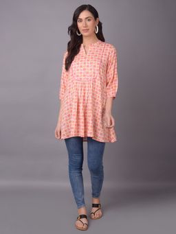 Shree - Women Rayon Off White Peach Geometric Printed Tunic