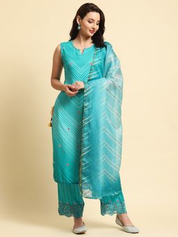 Shree - Women Rayon Blue Geometric Printed Kurta With Comfort Pant And Dupatta (Set Of 3)