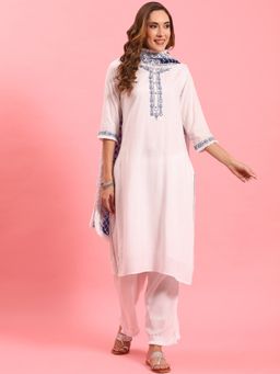 Shree - Women Rayon White Embroidered Kurta With Comfort Pant And Dupatta (Set Of 3)