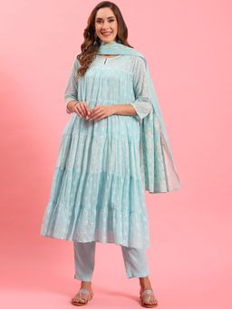 Shree - Women Cotton Blue Floral Printed Kurta With Trouser And Dupatta (Set Of 4)