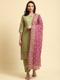 Shree - Women Rayon Olive Ornamental Printed Kurta With Harem Pant And Dupatta (Set Of 3)