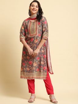 Shree - Women Muslin Grey Floral Printed Kurta With Trouser And Dupatta (Set Of 3)