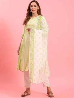 Shree - Women Rayon Green Tie Dye Printed Kurta With Trouser And Dupatta (Set Of 3)