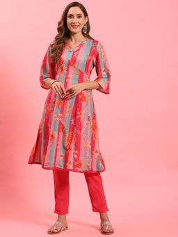 Shree - Women Samaira Silk Pink Floral Printed Kurta With Trouser (Set Of 2)