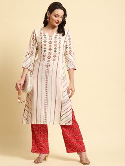 Shree - Women Rayon Off White Geometric Printed Kurta With Comfort Pant (Set Of 2)