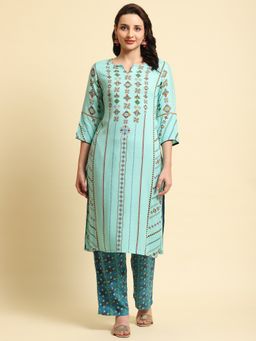 Shree - Women Rayon Blue Geometric Printed Kurta With Comfort Pant (Set Of 2)