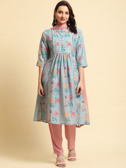 Shree - Women Muslin Green Floral Printed Kurta With Trouser And Dupatta (Set Of 3)