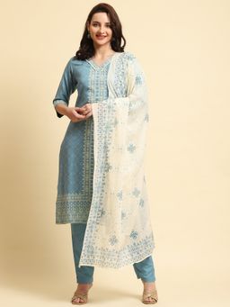 Shree - Women Rayon Blue Geometric Printed Kurta With Trouser And Dupatta (Set Of 3)