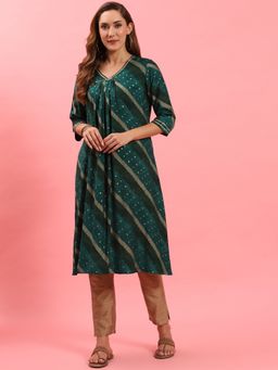 Shree - Women Muslin Green Stripe Printed Kurta