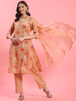 Shree - Women Muslin Peach Floral Printed Kurta With Trouser And Dupatta (Set Of 3)