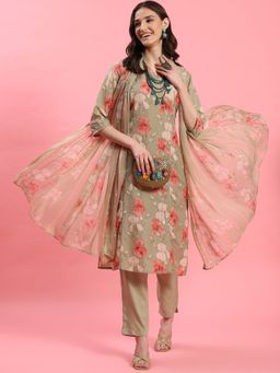 Shree - Women Muslin Green Floral Printed Kurta With Trouser And Dupatta (Set Of 3)