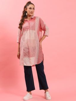 Shree - Women Cotton Red Stripe Printed Short Kurta