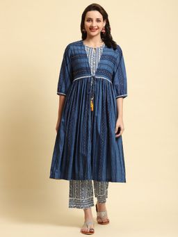 Shree - Women Cotton Navy Blue Floral Printed Kurta With Jacket And Trouser (Set Of 3)