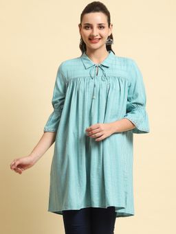 Shree - Women Poly Viscose Turquoise Blue Stripe Printed Tunic