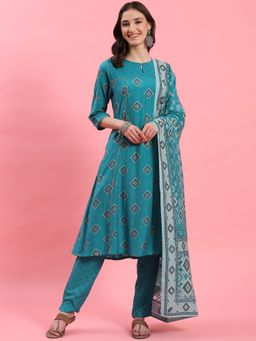Shree - Women Muslin Teal Geometric Printed Kurta With Trouser And Dupatta (Set Of 3)