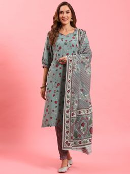 Shree - Women Muslin Green Floral Printed Kurta With Trouser And Dupatta (Set Of 3)