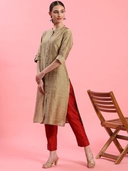 Shree - Women Poly Silk Beige Solid Kurta