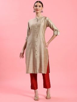 Shree - Women Poly Silk Beige Solid Kurta