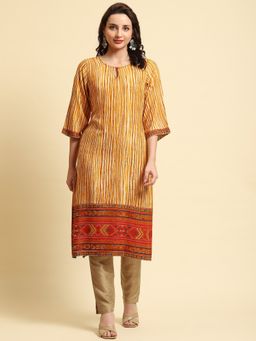 Shree - Women Rayon Yellow Stripe Printed Kurta