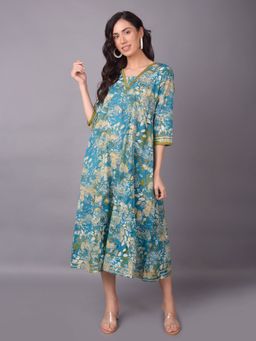 Shree - Women Cotton Blue Floral Printed Dress