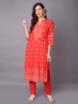 Shree - Women Rayon Red Floral Printed Kurta With Trouser (Set Of 2)