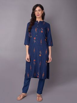 Shree - Women Muslin Navy Blue Floral Printed Kurta With Trouser (Set Of 2)