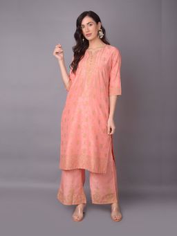 Shree - Women Poly Viscose Pink Ornamental Printed Kurta With Wide Leg Pant (Set Of 2)