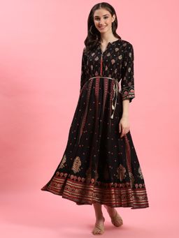Shree - Women Rayon Black Ornamental Printed Dress