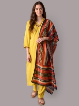 Shree - Women Rayon Yellow Embroidered Kurta With Trouser And Dupatta (Set Of 3)