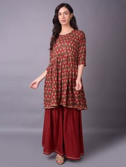 Shree - Women Rayon Maroon Ornamental Printed Kurta With Sharara Pant (Set Of 2)