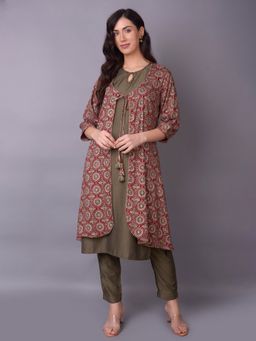 Shree - Women Poly Viscose Olive Ornamental Printed Kurta With Trouser And Jacket (Set Of 3)