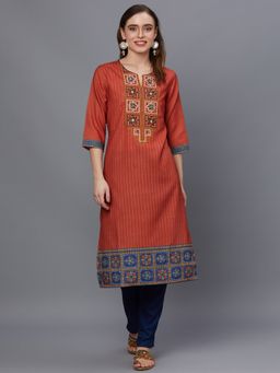 Shree - Women Cotton Rust Stripe Printed Kurta