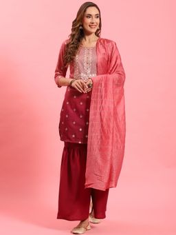 Shree - Women Poly Viscose Pink Ornamental Printed Kurta With Sharara And Dupatta (Set Of 3)