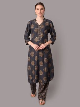 Shree - Women Muslin Grey Floral Printed Kurta With Comfort Pant (Set Of 2)