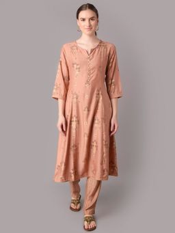 Shree - Women Muslin Pink Ornamental Printed Kurta With Trouser (Set Of 2)