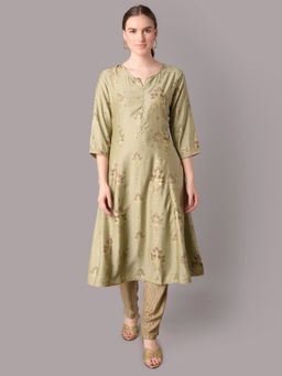 Shree - Women Muslin Green Ornamental Printed Kurta With Trouser (Set Of 2)