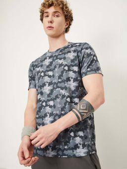 max - Grey Polyester Half Sleeves Crew Neck Camouflage T-Shirt