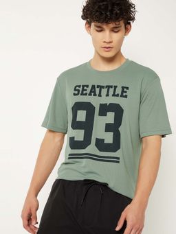 max - Green Polyester Half Sleeves Crew Neck Typography T-Shirt