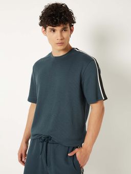 max - Teal Polyester Half Sleeves Crew Neck Textured T-Shirt
