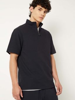max - Black Cotton Blend Half Sleeves High Neck Solid/Plain T-Shirt