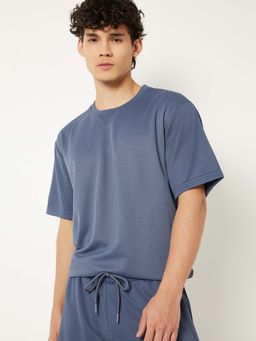 max - Blue Polyester Half Sleeves Crew Neck Textured T-Shirt