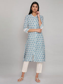 W - Light Blue Printed Full Placket Kurta