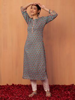 Indya - Pastel Blue Floral Boota Print Cotton Straight Kurta
