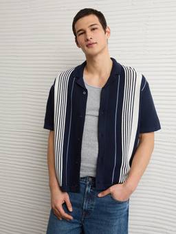 American Eagle - Navy Blue Striped Button-Up Shirt
