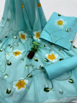 MANN MANI - Sky Blue Floral Piece Suit Set (Unstitched)