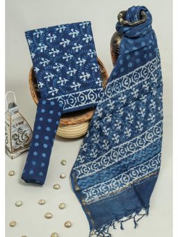MANN MANI - Indigo Cotton 3 Piece Suit Set Kota Doria Dupatta (Unstitched)