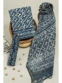 MANN MANI - Grey Indigo Cotton 3 Piece Suit Set Kota Doria Dupatta (Unstitched)