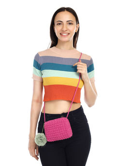 ITIHASIKALA - Women Crochet CB Sling Bag- Pink