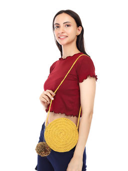 ITIHASIKALA - Women Crochet Miniature Round Sling Bag- Yellow