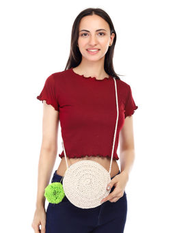 ITIHASIKALA - Women Crochet Miniature Round sling bag - Off White